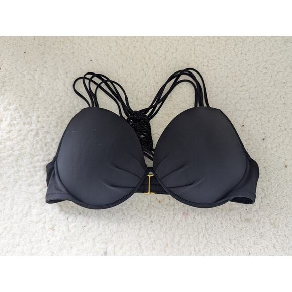 Victorias Secret Black Bikini Top Size 34D Crochet Racerback Padded Underwired - Picture 1 of 8